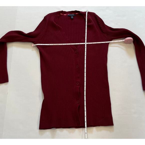 Lands' End Cotton Blend Burgundy V-Neck Ribbed Long Sleeve Cardigan Sweater, M - Picture 9 of 11